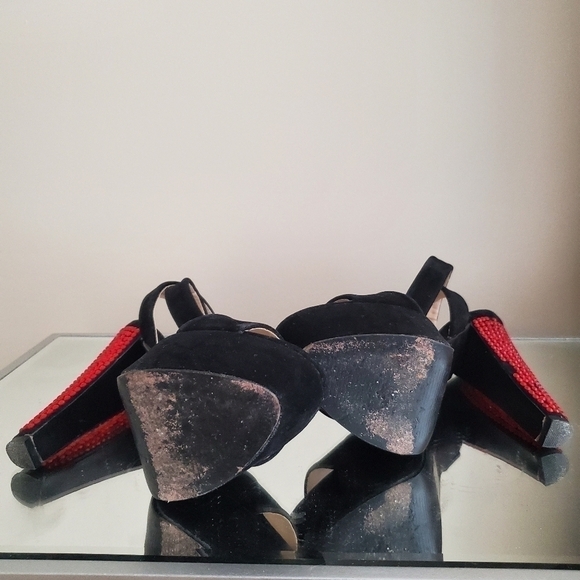 Colin Stewart Black Suede Red Jeweled Gem Studded Strappy Open Toe Heels - Picture 10 of 11